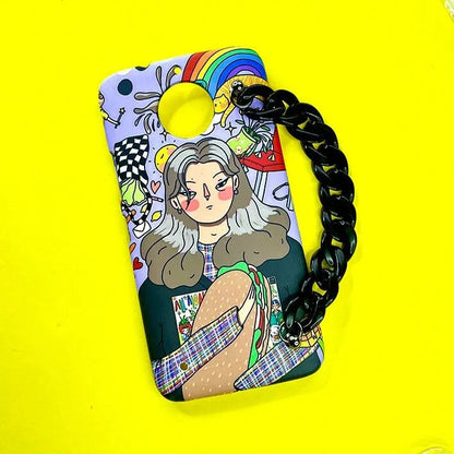 Colorful cartoon girl phone case with rainbow, chain handle, and vibrant doodle design on yellow background