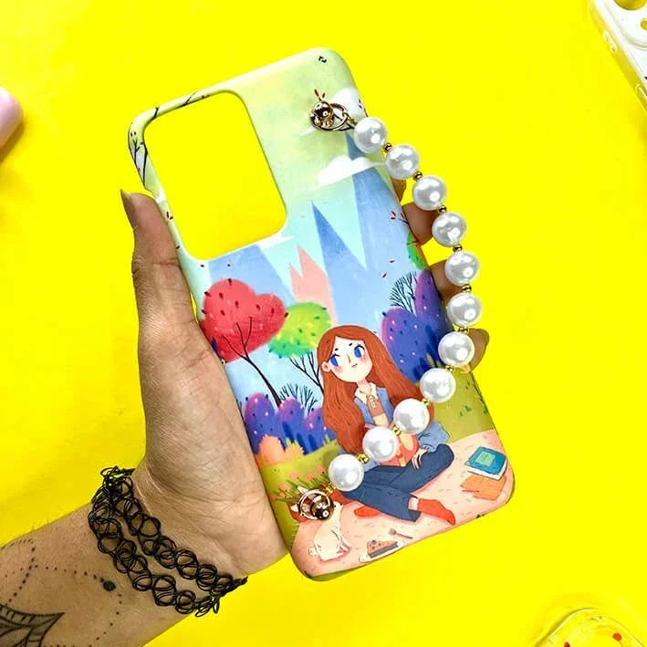 Cute girl cartoon phone case with pearl chain handle, colorful background, held by hand