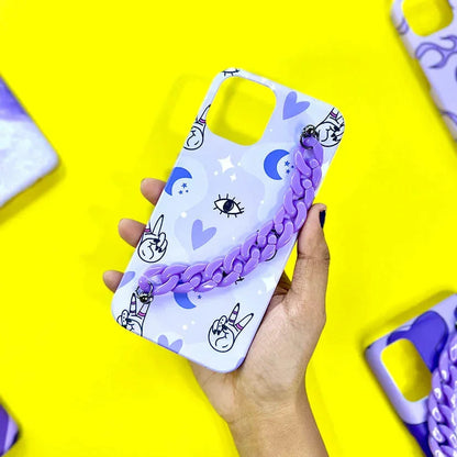 Purple chain phone case with cartoon hand, eye, moon and heart patterns held on yellow background
