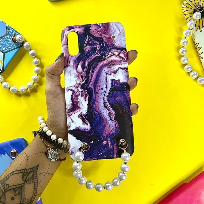 Marble purple swirl chain phone case with pearl handle for trendy smartphone protection