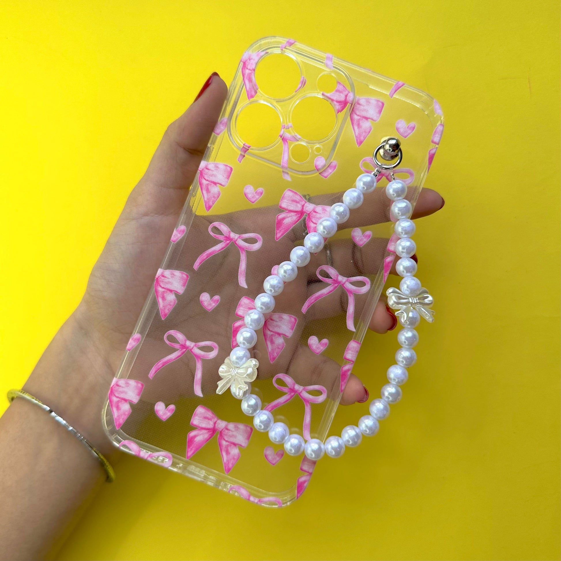 Bowbae Transparent Bow Pearl Fall Chain Phone Cover - Casebasket