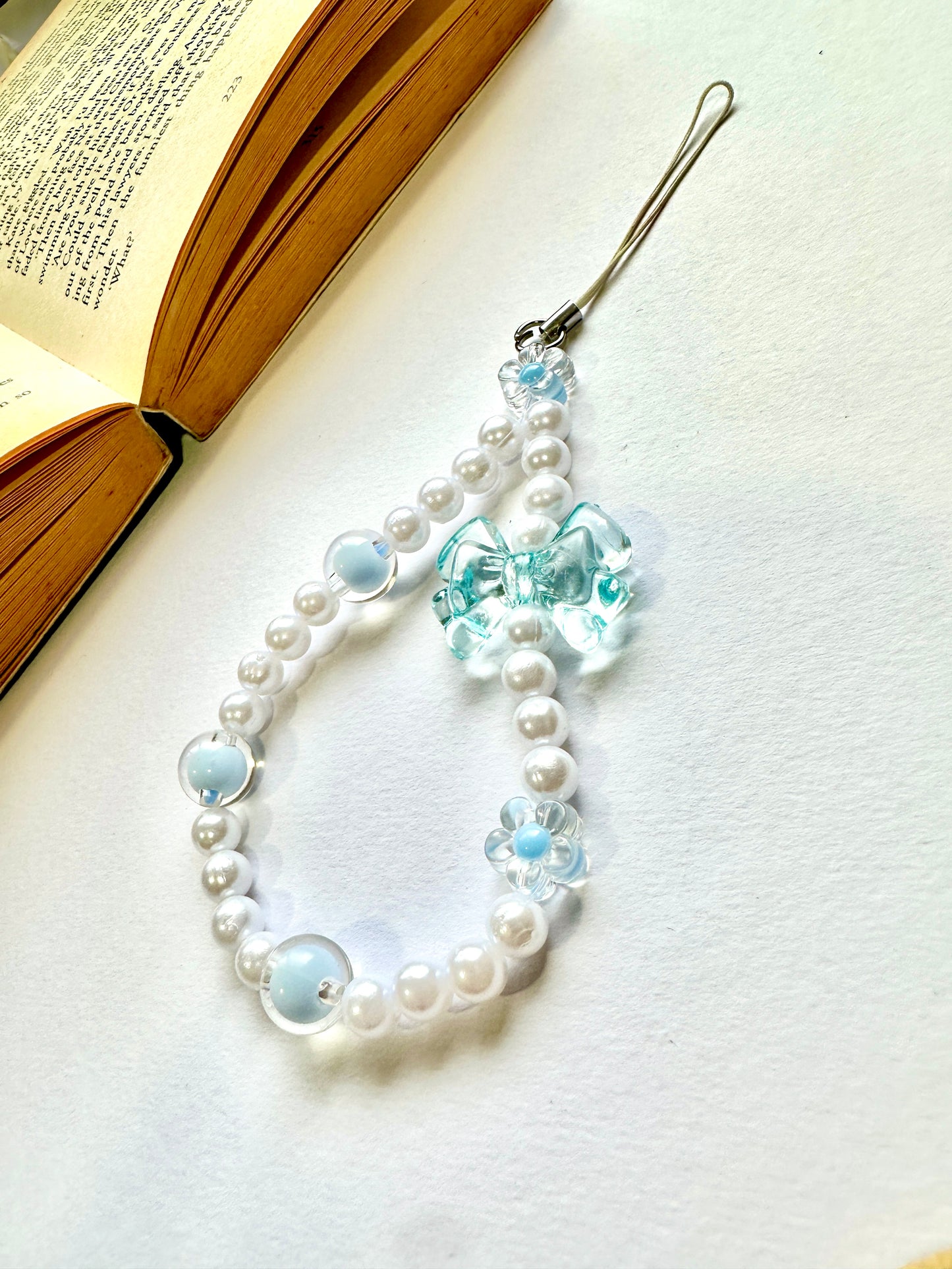 Aqua Bow Pearl Phone Chain Charm