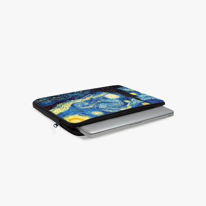 13-inch laptop sleeve with Starry Night art design, partially unzipped, on white background