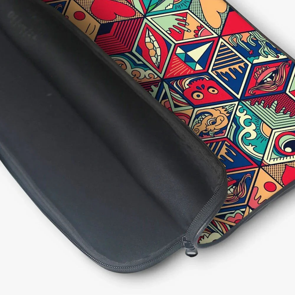 Colorful graphic 13-inch laptop sleeve with geometric and abstract pattern, partially unzipped
