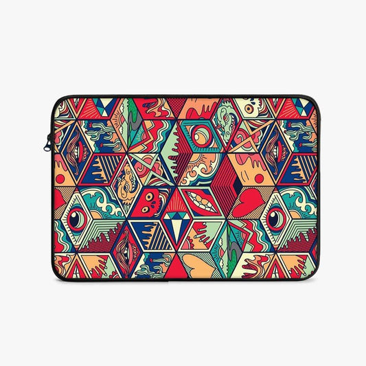 17-inch laptop sleeve with colorful geometric and abstract graphic pattern on white background