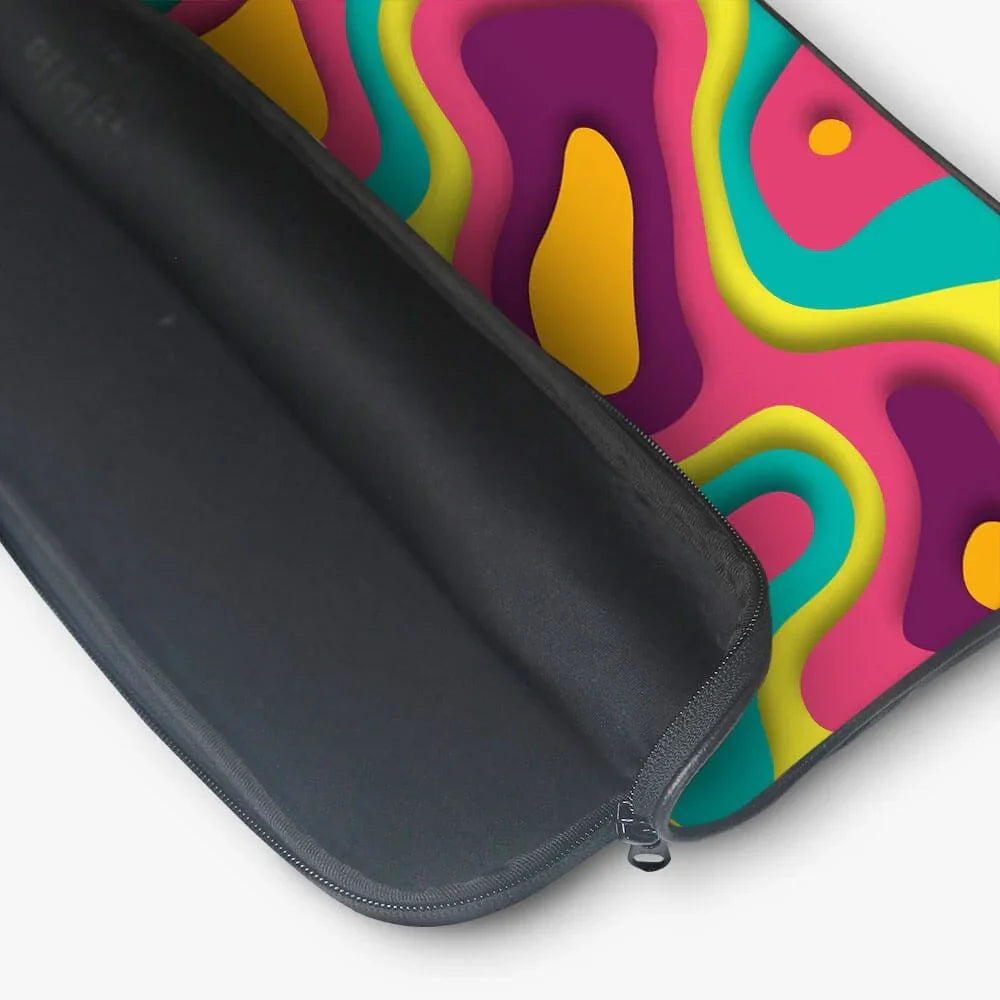 13-inch laptop sleeve with vibrant abstract colorful pattern and black zipper opening