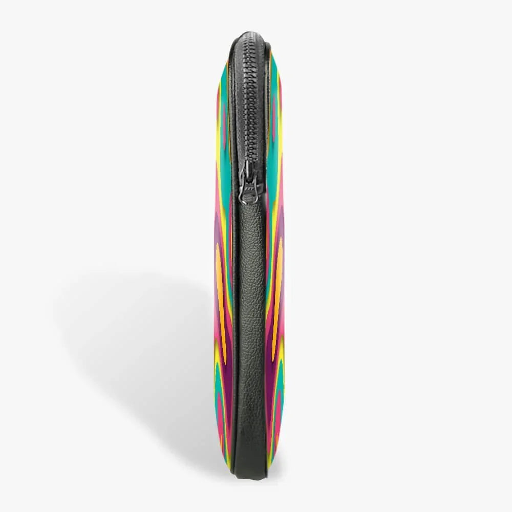 Side view of colorful 13-inch laptop sleeve with zipper closure on white background