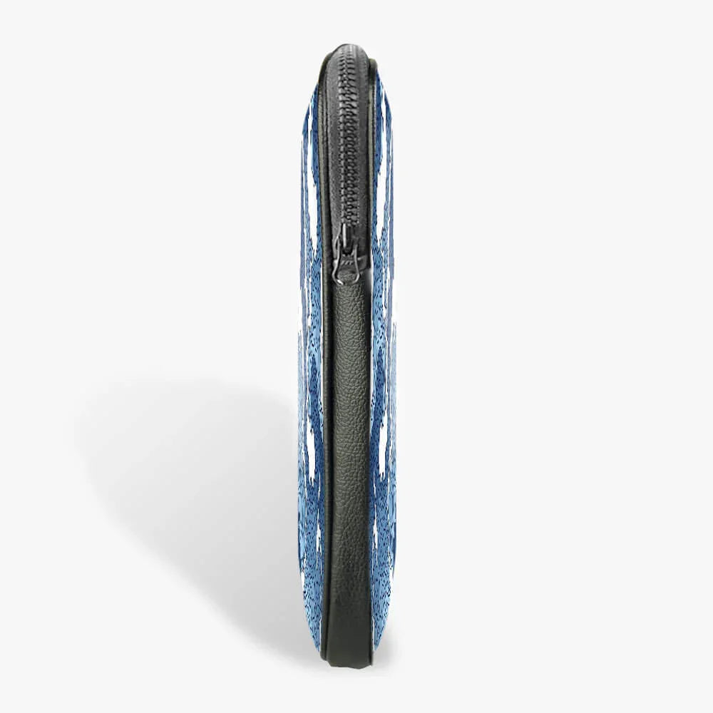 Side view of a blue and black zippered 13-inch laptop sleeve on white background
