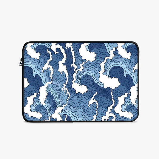 Blue abstract pattern laptop sleeve with contour wave design, zippered, on white background