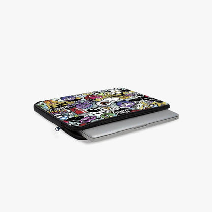 Colorful cartoon print laptop sleeve partially open with a silver laptop inside