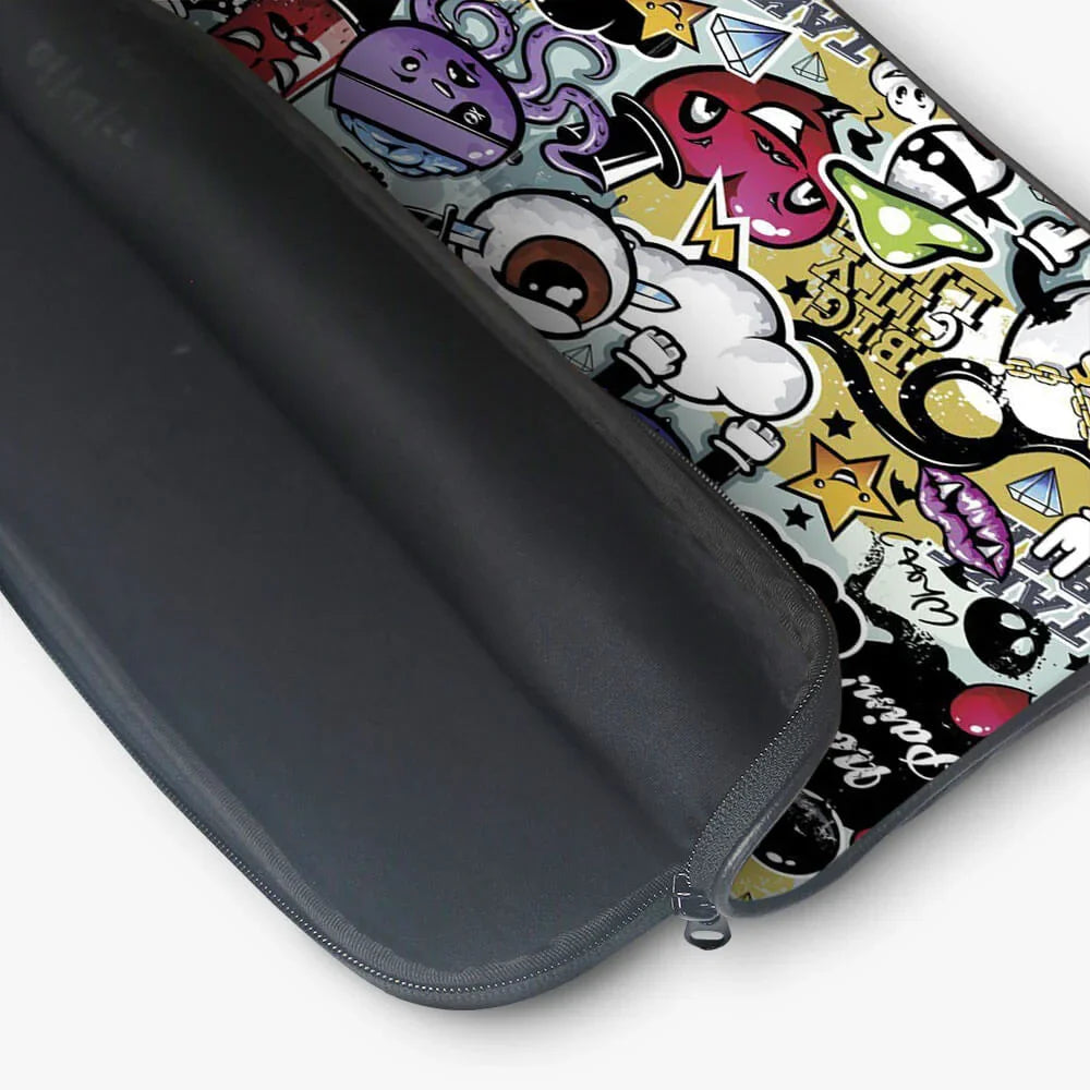 Colorful 13-inch laptop sleeve with cartoon graffiti design and a black zipper opening
