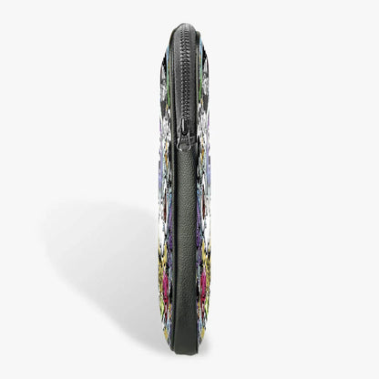 Side view of a 13-inch black laptop sleeve with colorful skull pattern and zipper closure