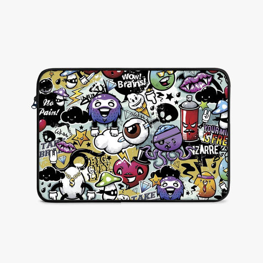 17-inch laptop sleeve with colorful graffiti cartoon design and various quirky characters.