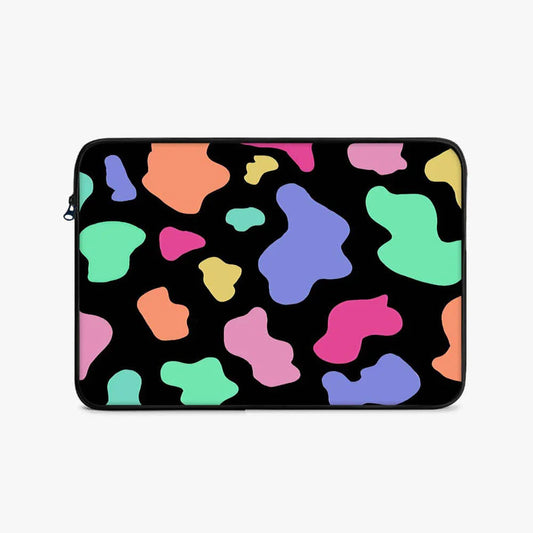 17-inch laptop sleeve with black background and colorful abstract shapes pattern