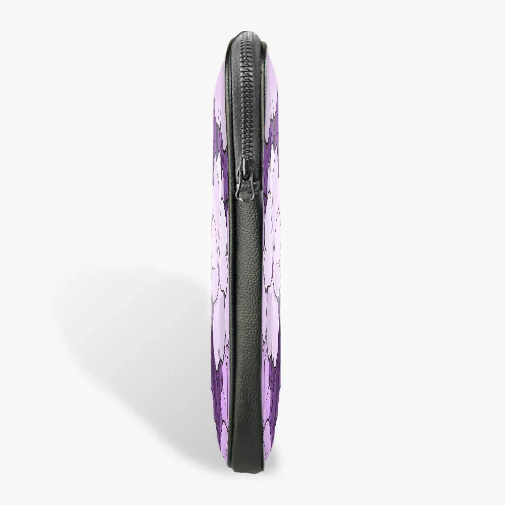 Slim purple and black laptop sleeve with zipper, side view, cloud pattern design