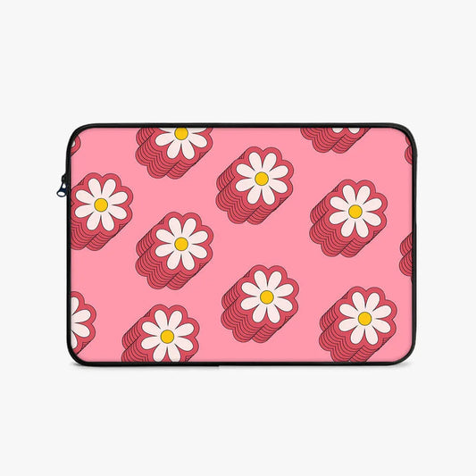 Pink laptop sleeve with white daisy flower pattern, zipper closure, 17-inch size