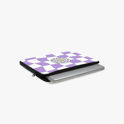 Purple and white checkered laptop sleeve with zipper, partially holding a laptop, cartoon graphic design on top