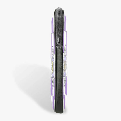Slim purple and black laptop sleeve with zipper closure, side view