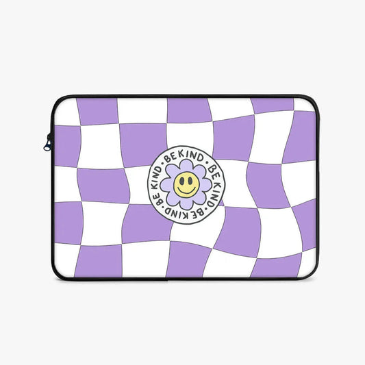 Purple and white checkered laptop sleeve with 'Be Kind' smiley flower graphic, 17-inch size.