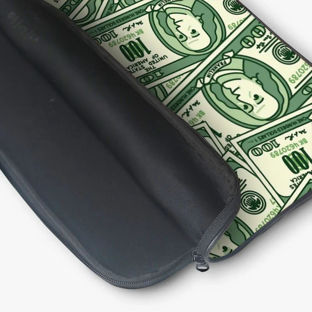 Laptop sleeve with black interior and cartoon money print exterior, partially unzipped