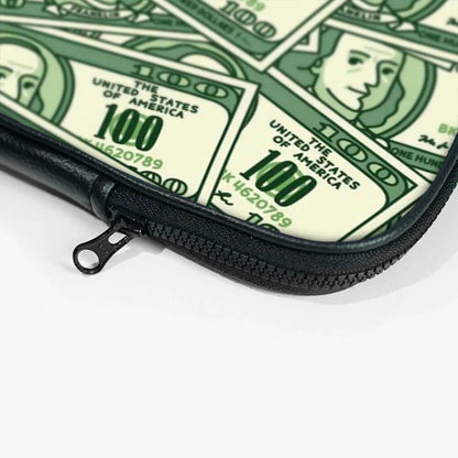 Black laptop sleeve with zipper, featuring a hundred dollar bill pattern design