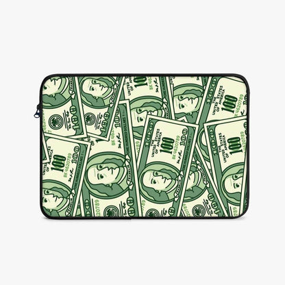 17-inch black laptop sleeve with green cartoon money print design, front view