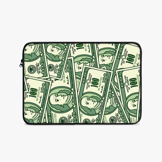 17-inch black laptop sleeve with green cartoon money print design, front view