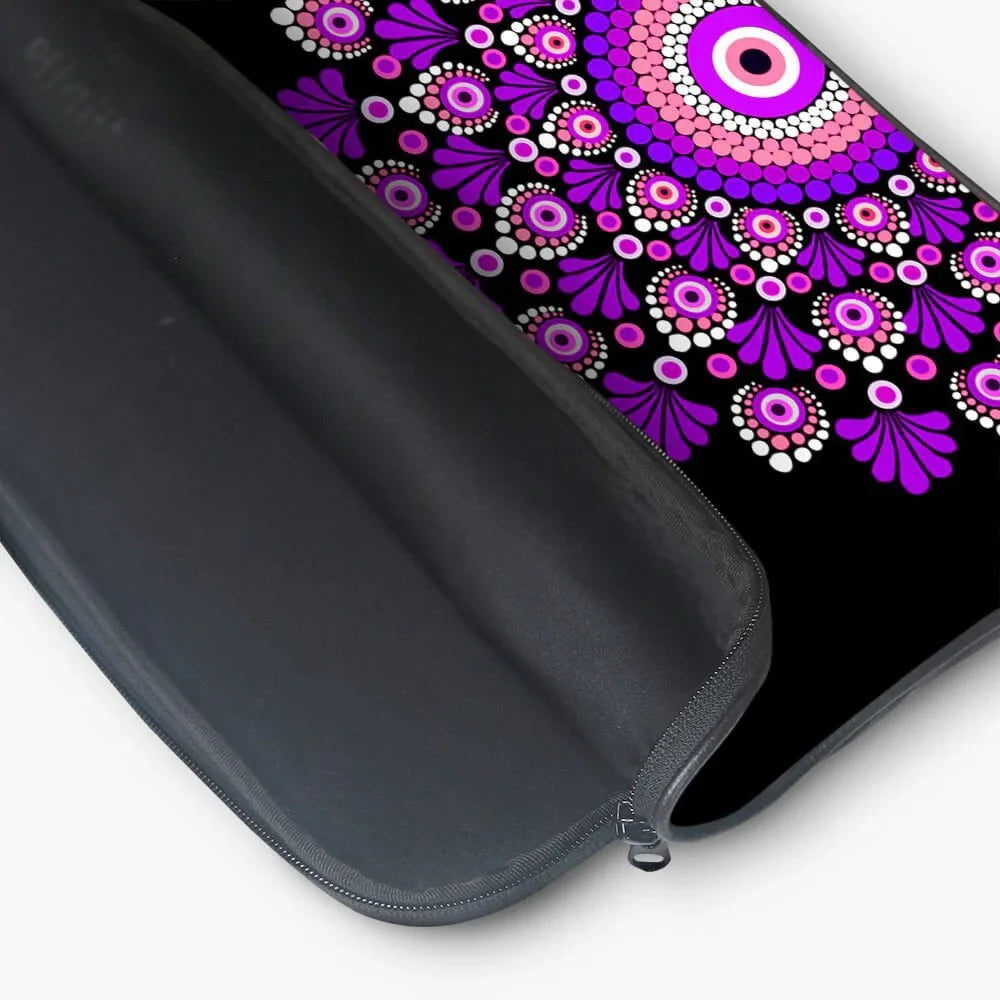 Black laptop sleeve with purple and pink mandala pattern, open to show soft interior