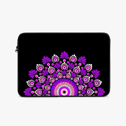 Black 17-inch laptop sleeve with vibrant pink and purple mandala floral design