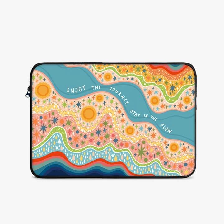 13-inch laptop sleeve with colorful abstract floral pattern and 'Enjoy the Journey Stay in the Flow' text.