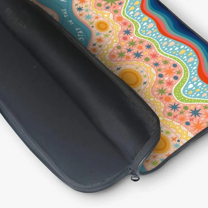 Colorful 13-inch laptop sleeve with abstract floral and wave pattern, unzipped pouch view
