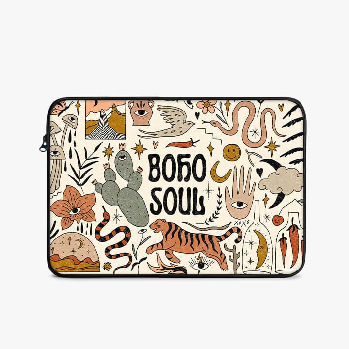 Boho Soul 13-inch laptop sleeve with colorful bohemian doodles, tiger, cactus, and hand motifs.