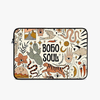 Boho Soul 13-inch laptop sleeve with colorful bohemian doodles, tiger, cactus, and hand motifs.