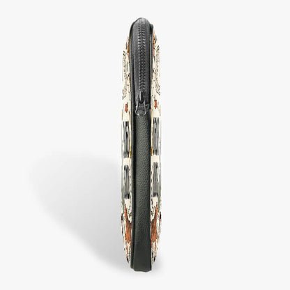 Side view of a 13-inch laptop sleeve with zip closure and printed design