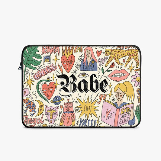 Colorful 13-inch laptop sleeve with illustrated doodles, bold 'Babe' text, and quirky motifs.