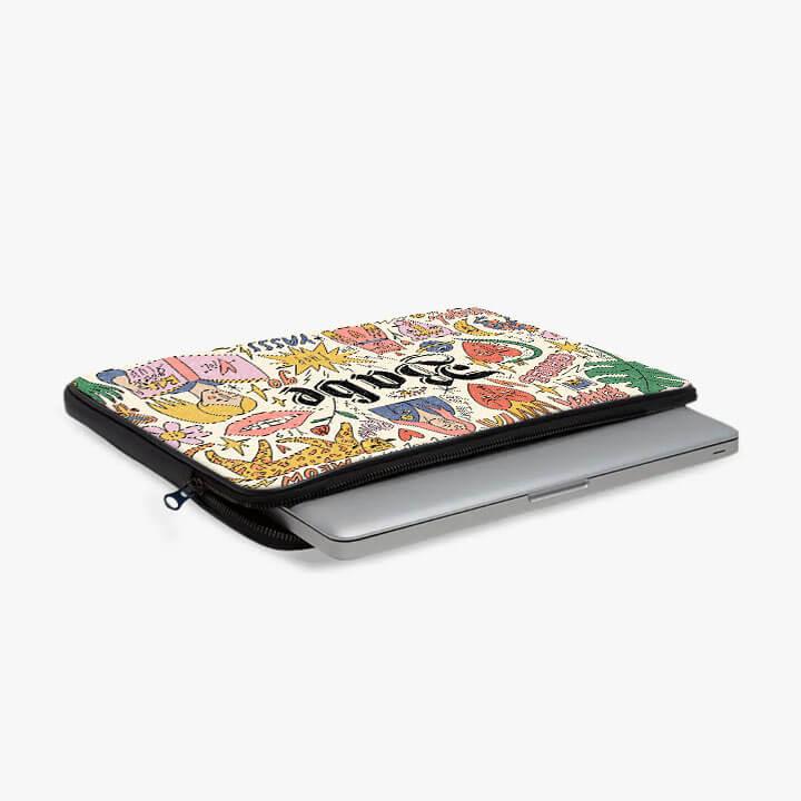 Colorful printed 13-inch laptop sleeve zip pouch with doodle design, partially unzipped.