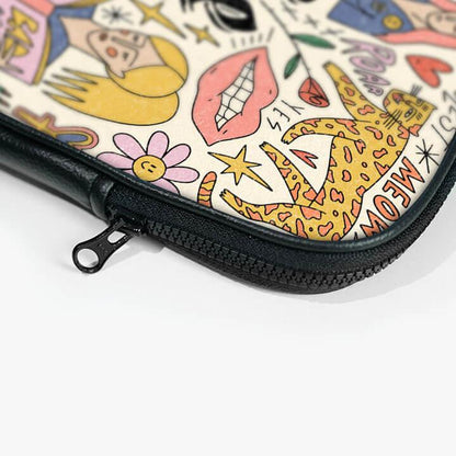 Colorful 13-inch laptop sleeve with zipper and playful cartoon cat and doodle designs.