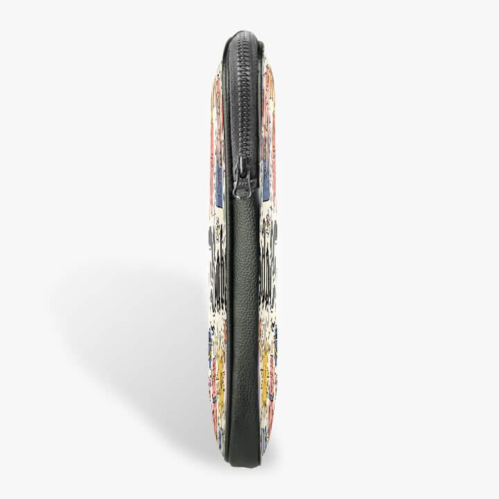 Side view of a colorful 13-inch laptop sleeve with zipper and graphic design print