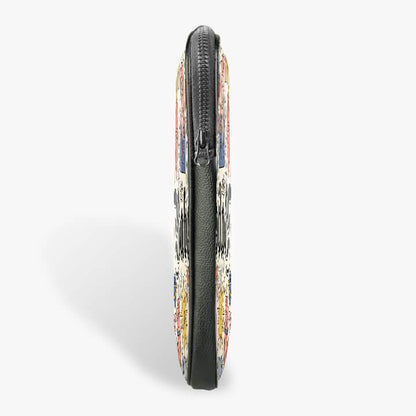 Side view of a colorful 13-inch laptop sleeve with zipper and graphic design print