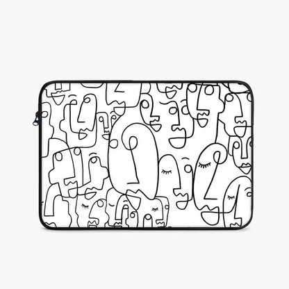 13-inch laptop sleeve with black abstract face line art on a white background and zip closure
