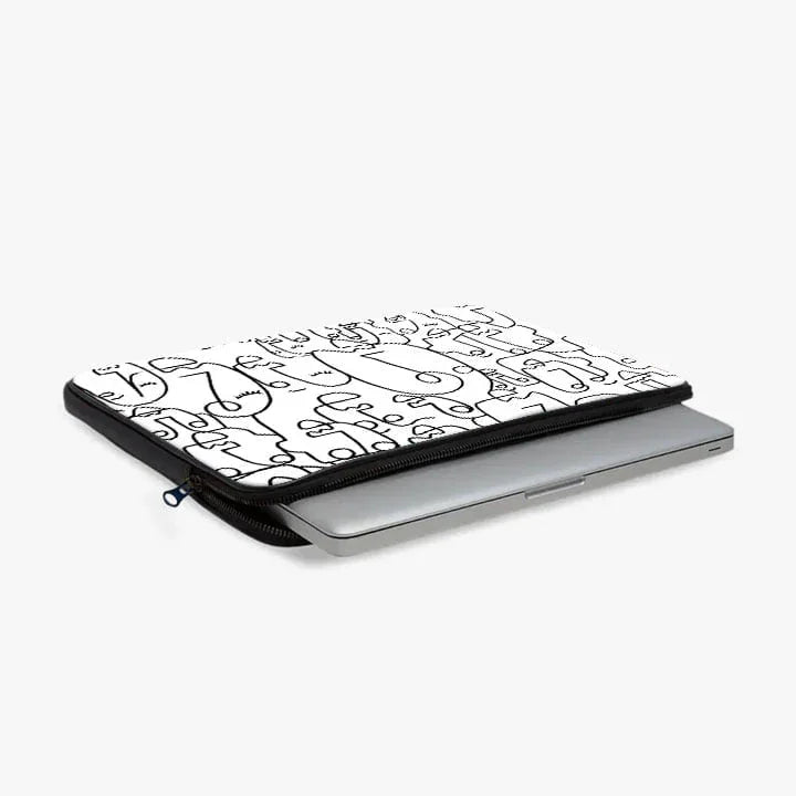 White 13-inch laptop sleeve pouch with abstract black line art, partially unzipped