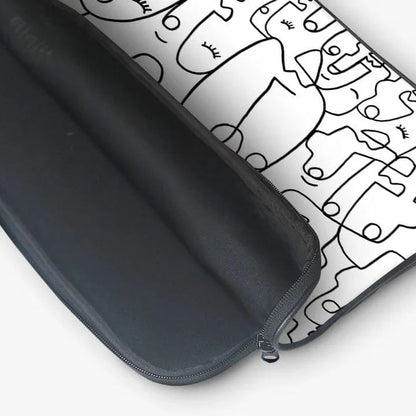 Black laptop sleeve with zip pouch and abstract line art faces design