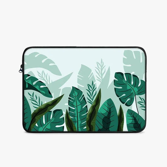 Green leafy laptop sleeve with tropical plant print, zippered pouch, fits 13-inch laptops