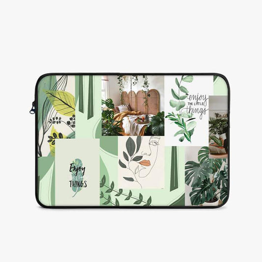 13-inch laptop sleeve with green leaf prints, abstract line art, and 'enjoy the little things' quotes.