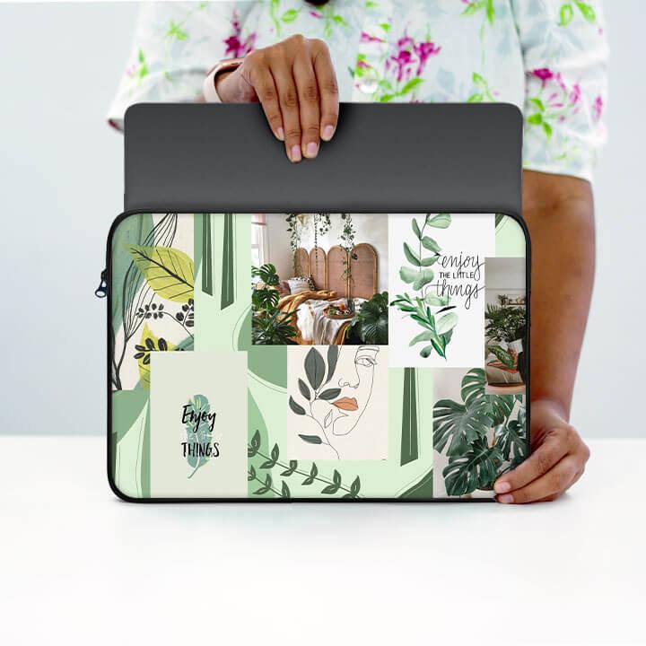 Person holding a 13-inch laptop sleeve with botanical and abstract art design collage.