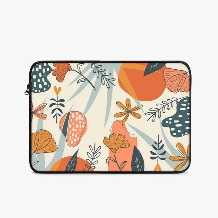 13-inch laptop sleeve with colorful abstract floral pattern and zip closure