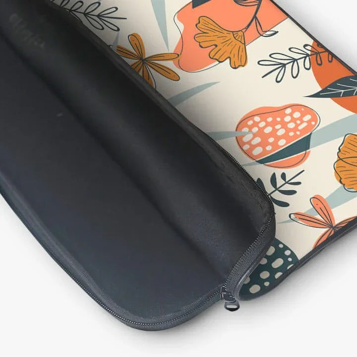 13-inch laptop sleeve zip pouch with colorful floral print, open black interior