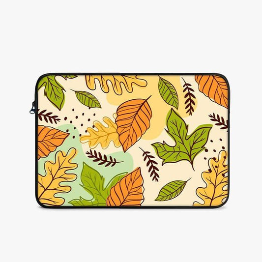 13-inch laptop sleeve with colorful autumn leaves pattern on a light background