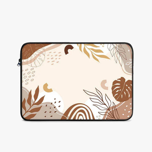 13-inch laptop sleeve with abstract leaves and neutral brown beige design on white background
