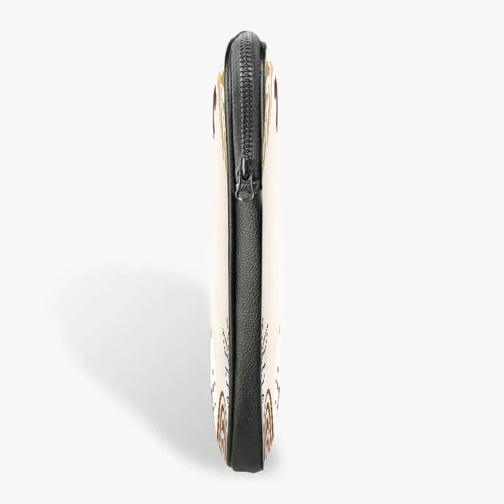 Slim 13-inch laptop sleeve zip pouch side view with black zipper and beige patterned sides